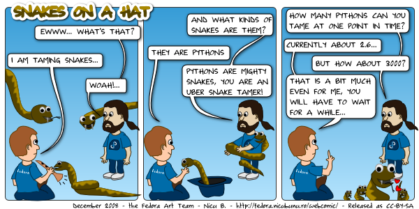 [fedora webcomic: snakes on a hat]